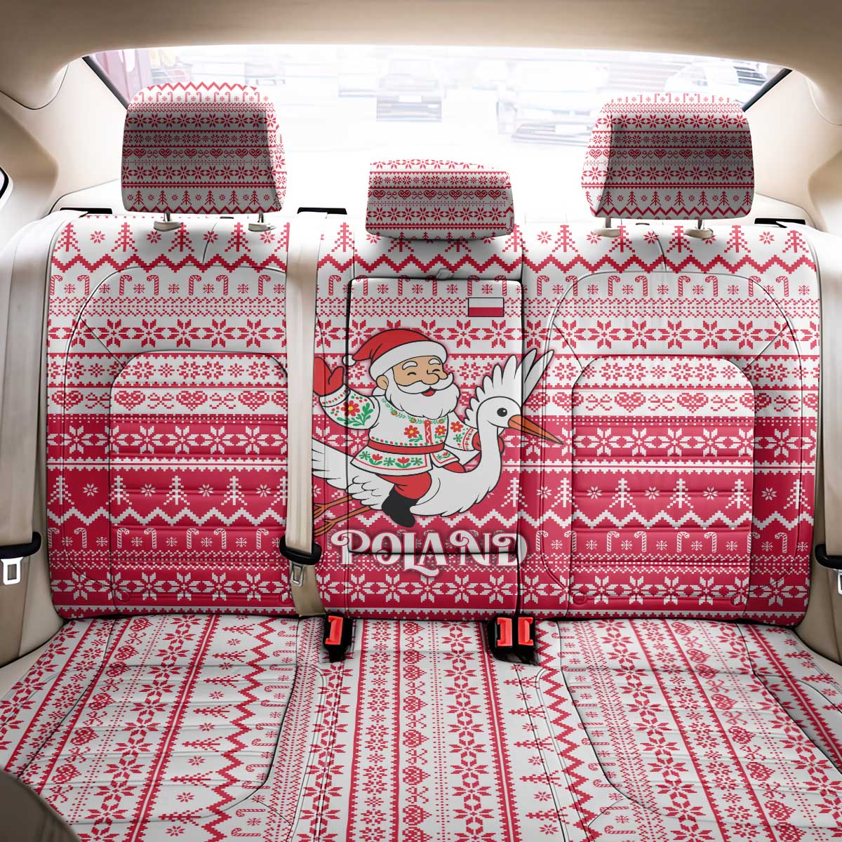 Poland Christmas Back Car Seat Cover with Santa Riding Stork White Eagle Emblem and Red Snowflake Knit Pattern Design - Wonder Print Shop
