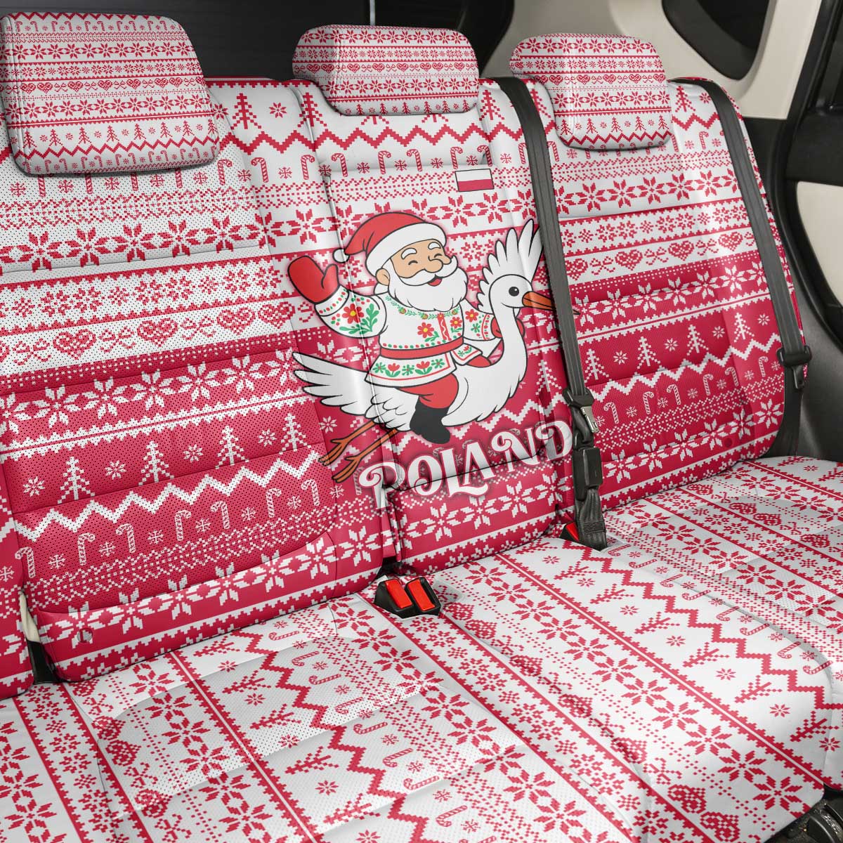 Poland Christmas Back Car Seat Cover with Santa Riding Stork White Eagle Emblem and Red Snowflake Knit Pattern Design - Wonder Print Shop