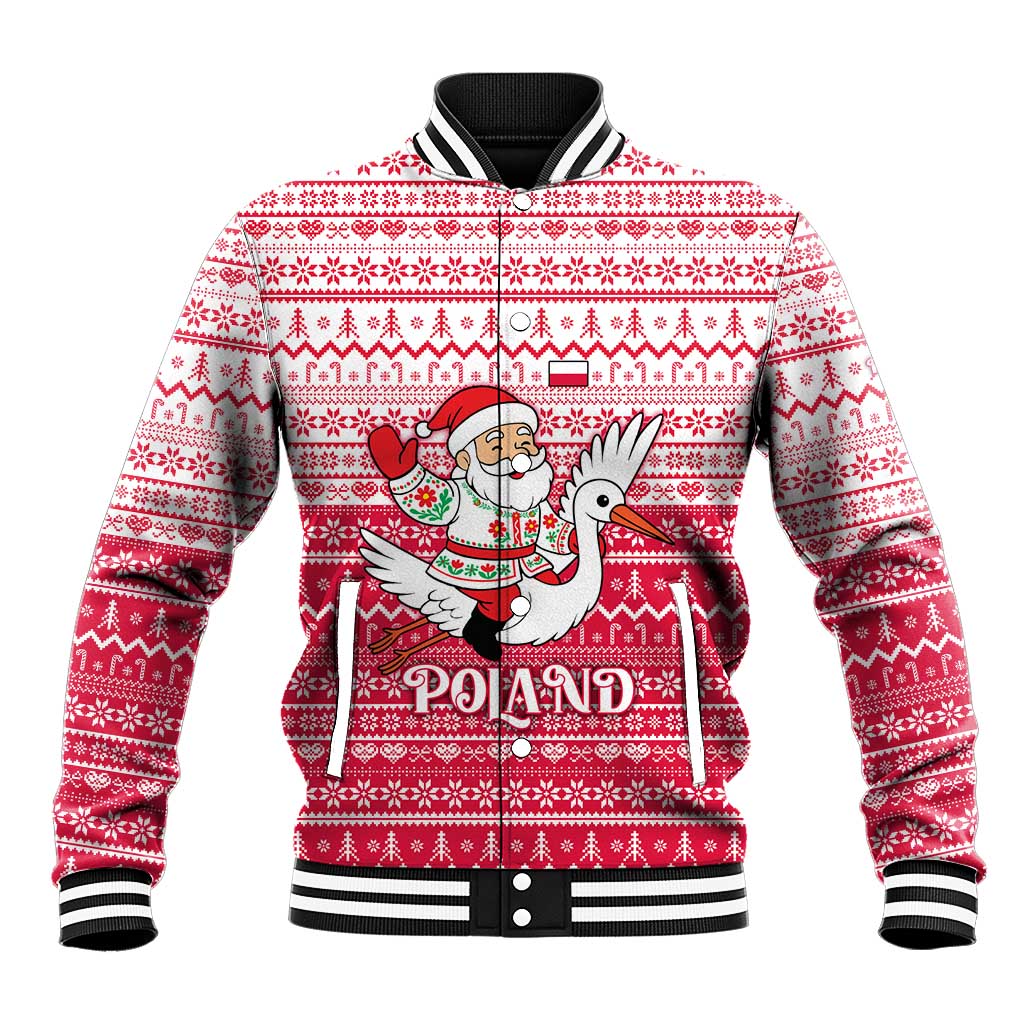 Poland Christmas Baseball Jacket with Santa Riding Stork White Eagle Emblem and Red Snowflake Knit Pattern Design - Wonder Print Shop