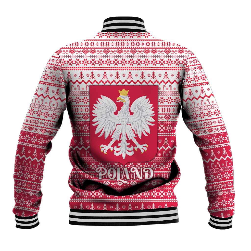 Poland Christmas Baseball Jacket with Santa Riding Stork White Eagle Emblem and Red Snowflake Knit Pattern Design - Wonder Print Shop