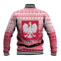 Poland Christmas Baseball Jacket with Santa Riding Stork White Eagle Emblem and Red Snowflake Knit Pattern Design - Wonder Print Shop