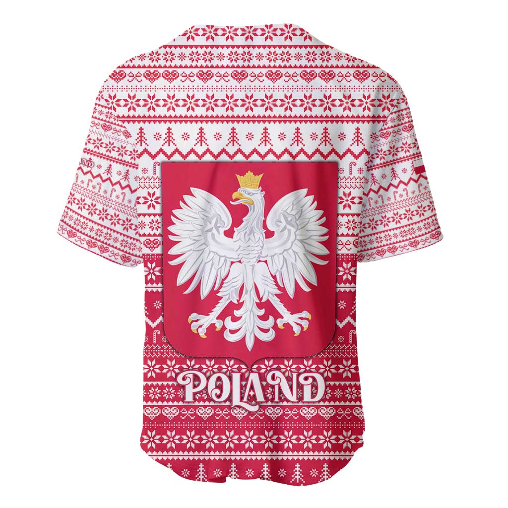 Poland Christmas Baseball Jersey with Santa Riding Stork White Eagle Emblem and Red Snowflake Knit Pattern Design - Wonder Print Shop