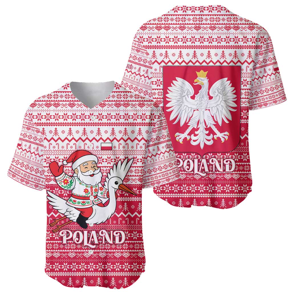 Poland Christmas Baseball Jersey with Santa Riding Stork White Eagle Emblem and Red Snowflake Knit Pattern Design - Wonder Print Shop