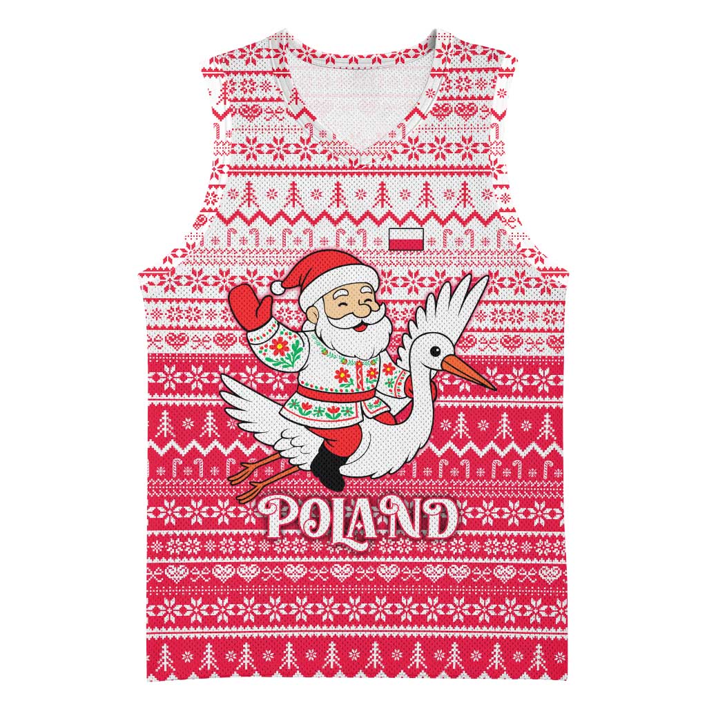 Poland Christmas Basketball Jersey with Santa Riding Stork White Eagle Emblem and Red Snowflake Knit Pattern Design - Wonder Print Shop