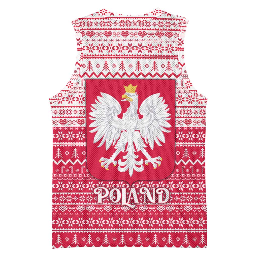 Poland Christmas Basketball Jersey with Santa Riding Stork White Eagle Emblem and Red Snowflake Knit Pattern Design - Wonder Print Shop
