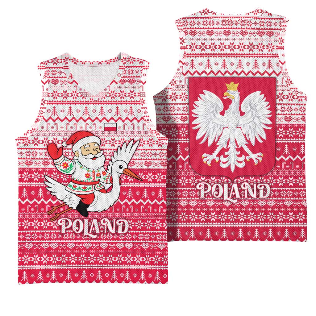 Poland Christmas Basketball Jersey with Santa Riding Stork White Eagle Emblem and Red Snowflake Knit Pattern Design - Wonder Print Shop