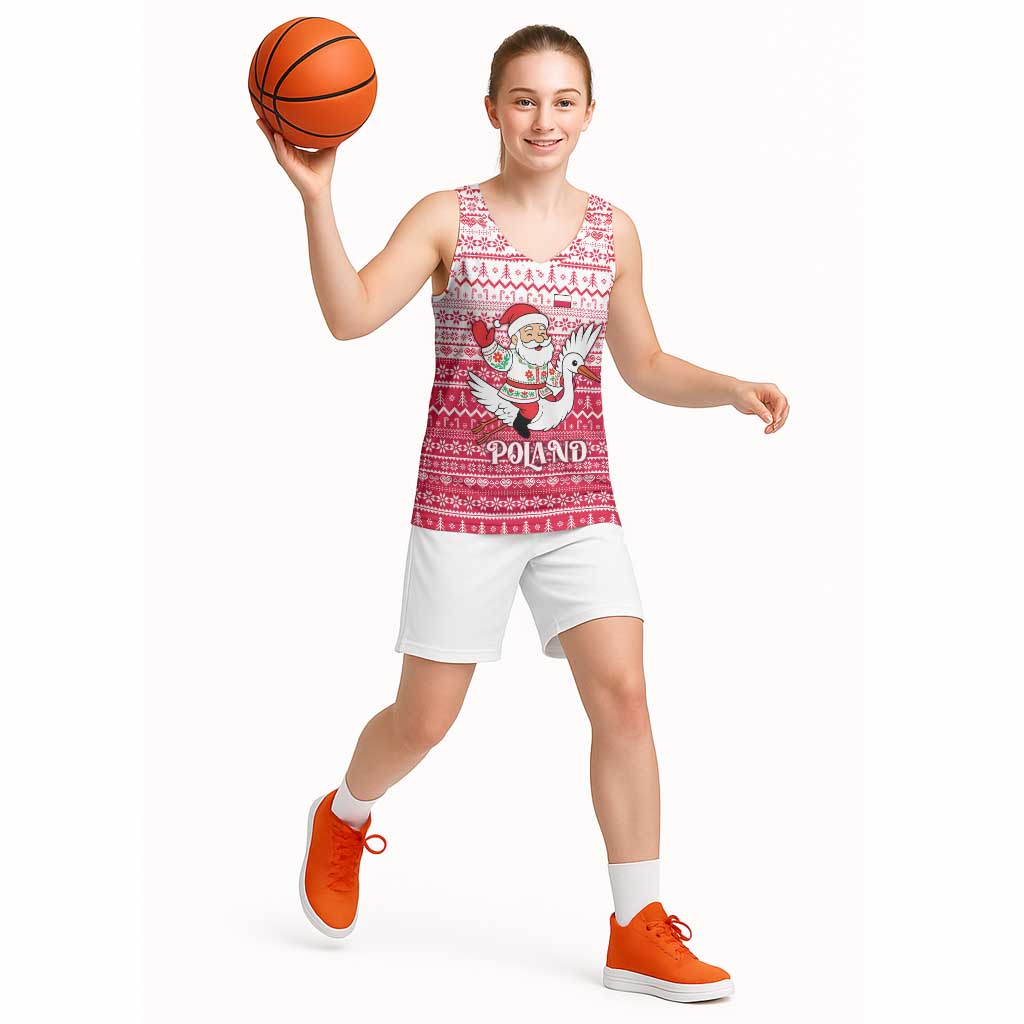 Poland Christmas Basketball Jersey with Santa Riding Stork White Eagle Emblem and Red Snowflake Knit Pattern Design - Wonder Print Shop
