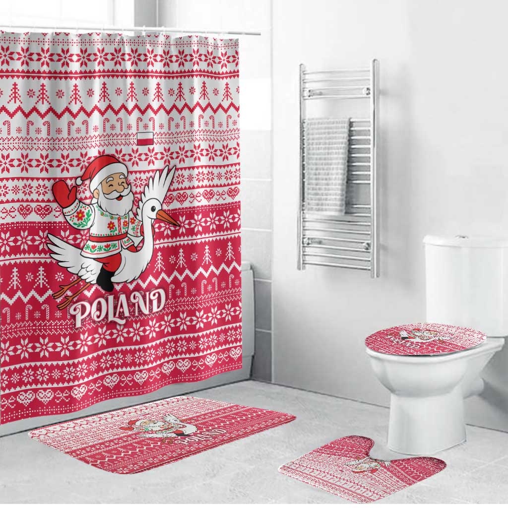 Poland Christmas Bathroom Set with Santa Riding Stork White Eagle Emblem and Red Snowflake Knit Pattern Design - Wonder Print Shop
