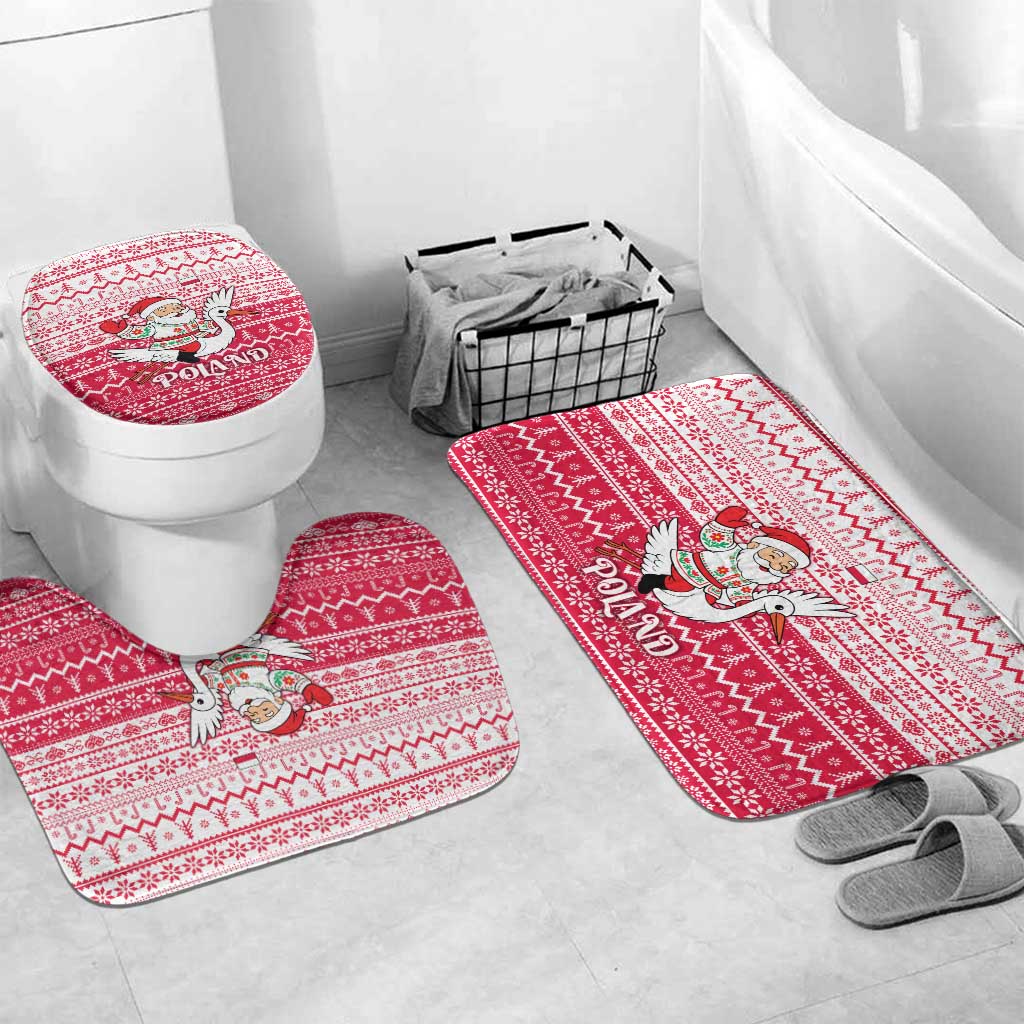 Poland Christmas Bathroom Set with Santa Riding Stork White Eagle Emblem and Red Snowflake Knit Pattern Design - Wonder Print Shop