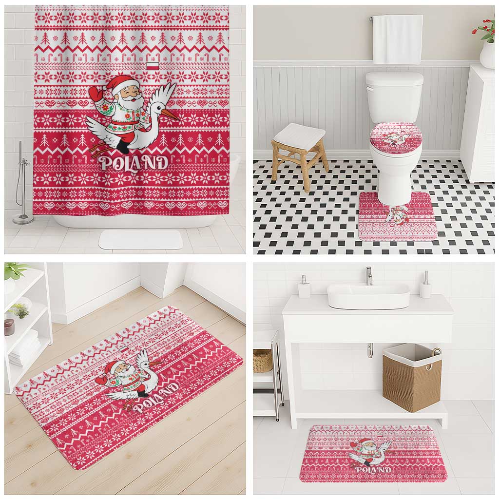 Poland Christmas Bathroom Set with Santa Riding Stork White Eagle Emblem and Red Snowflake Knit Pattern Design - Wonder Print Shop