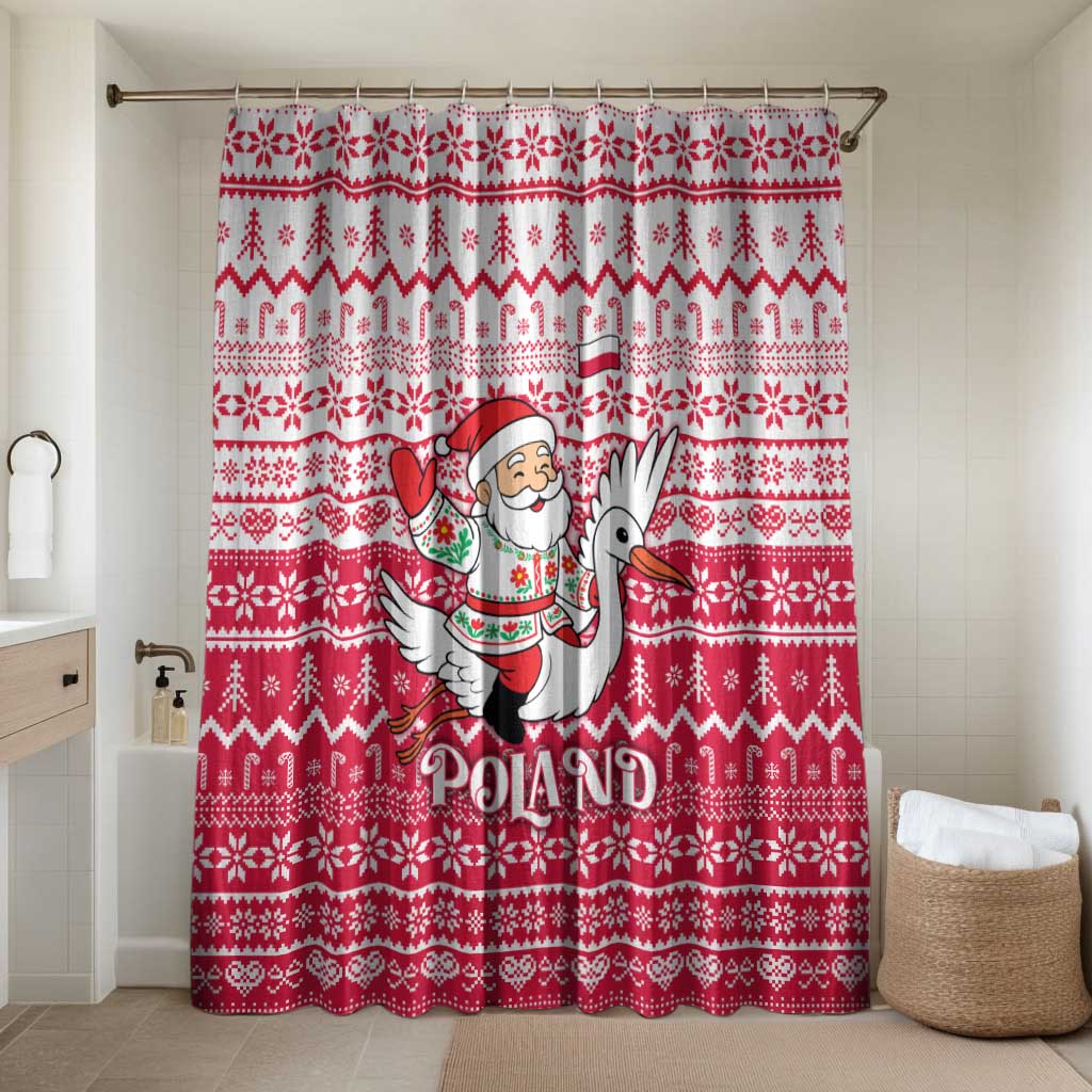 Poland Christmas Bathroom Set with Santa Riding Stork White Eagle Emblem and Red Snowflake Knit Pattern Design - Wonder Print Shop