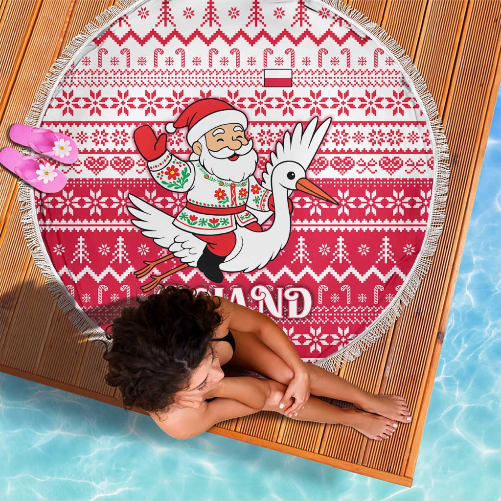 Poland Christmas Beach Blanket with Santa Riding Stork White Eagle Emblem and Red Snowflake Knit Pattern Design - Wonder Print Shop