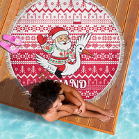 Poland Christmas Beach Blanket with Santa Riding Stork White Eagle Emblem and Red Snowflake Knit Pattern Design - Wonder Print Shop
