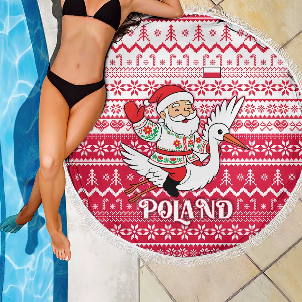 Poland Christmas Beach Blanket with Santa Riding Stork White Eagle Emblem and Red Snowflake Knit Pattern Design - Wonder Print Shop
