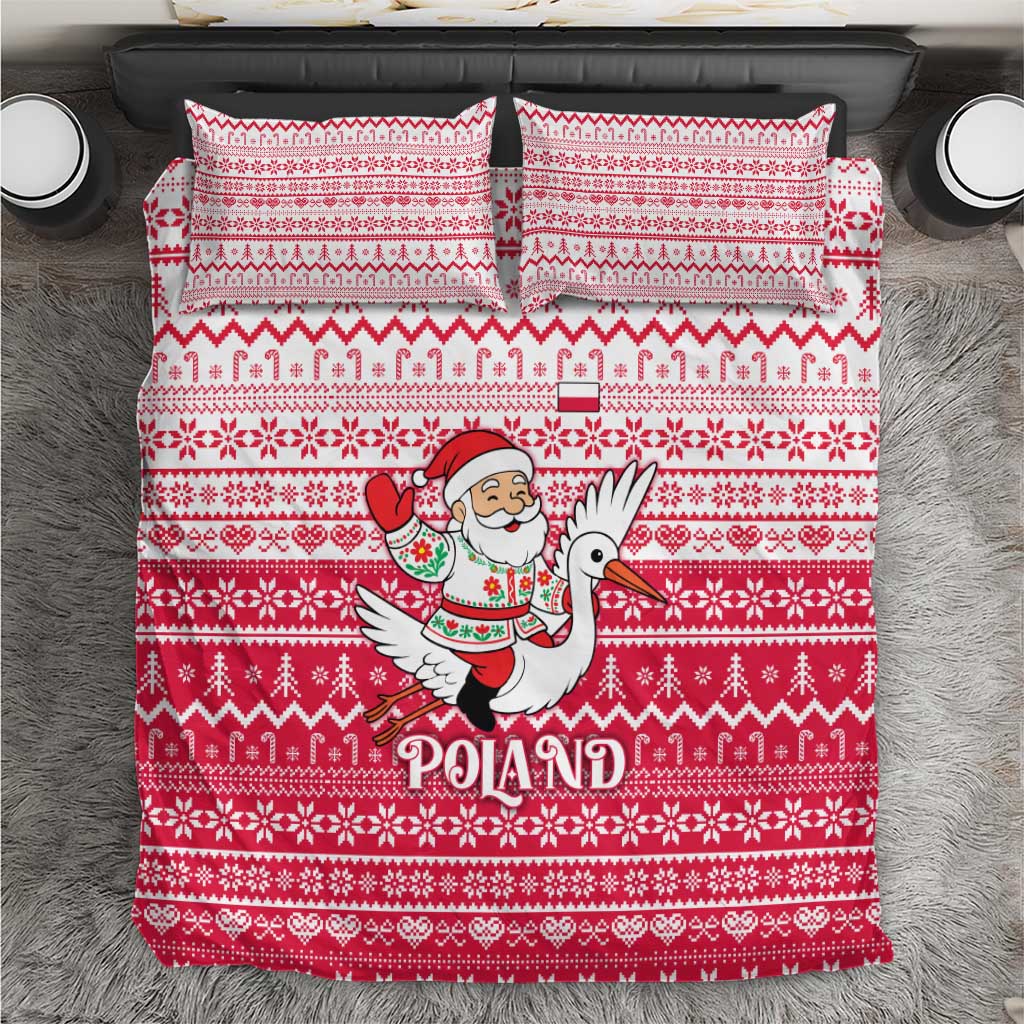 Poland Christmas Bedding Set with Santa Riding Stork White Eagle Emblem and Red Snowflake Knit Pattern Design - Wonder Print Shop