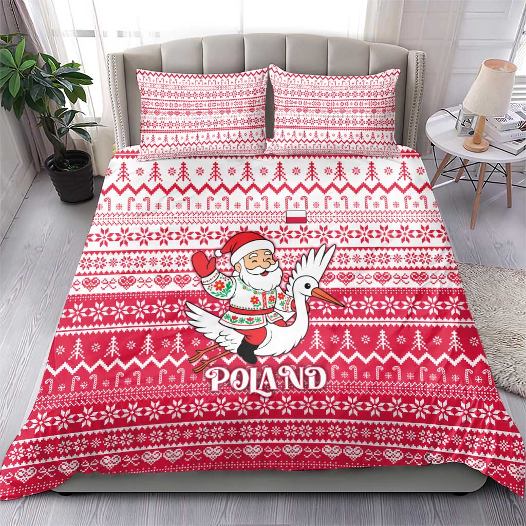 Poland Christmas Bedding Set with Santa Riding Stork White Eagle Emblem and Red Snowflake Knit Pattern Design - Wonder Print Shop