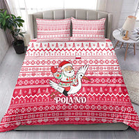 Poland Christmas Bedding Set with Santa Riding Stork White Eagle Emblem and Red Snowflake Knit Pattern Design - Wonder Print Shop