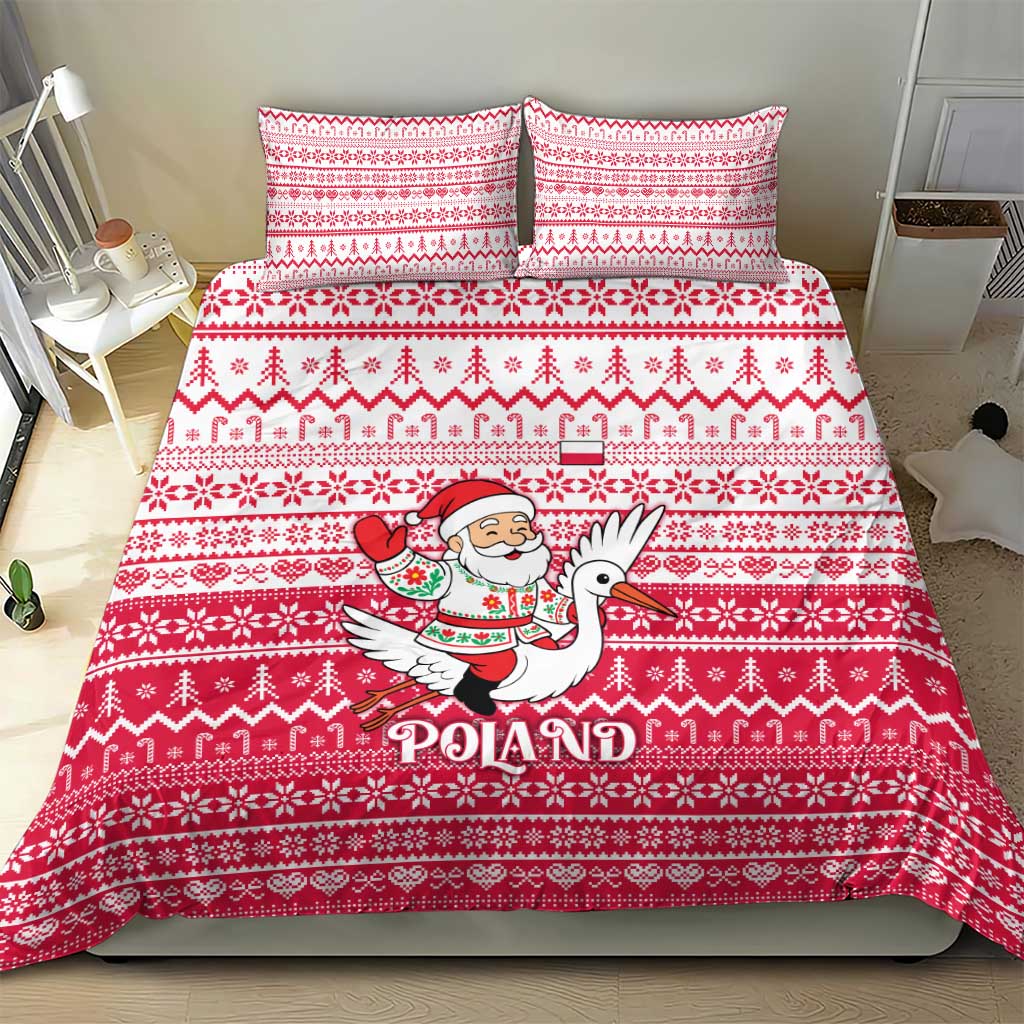 Poland Christmas Bedding Set with Santa Riding Stork White Eagle Emblem and Red Snowflake Knit Pattern Design - Wonder Print Shop