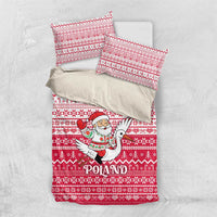 Poland Christmas Bedding Set with Santa Riding Stork White Eagle Emblem and Red Snowflake Knit Pattern Design - Wonder Print Shop
