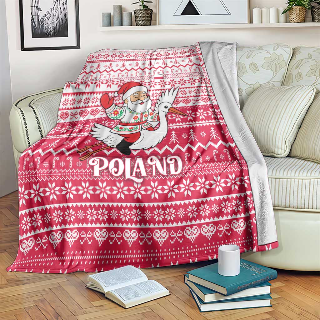 Poland Christmas Blanket with Santa Riding Stork White Eagle Emblem and Red Snowflake Knit Pattern Design - Wonder Print Shop