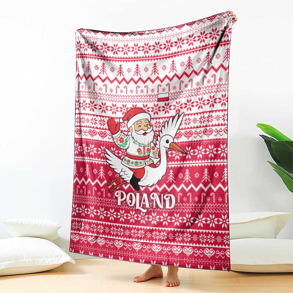 Poland Christmas Blanket with Santa Riding Stork White Eagle Emblem and Red Snowflake Knit Pattern Design - Wonder Print Shop