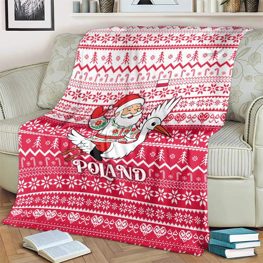 Poland Christmas Blanket with Santa Riding Stork White Eagle Emblem and Red Snowflake Knit Pattern Design - Wonder Print Shop