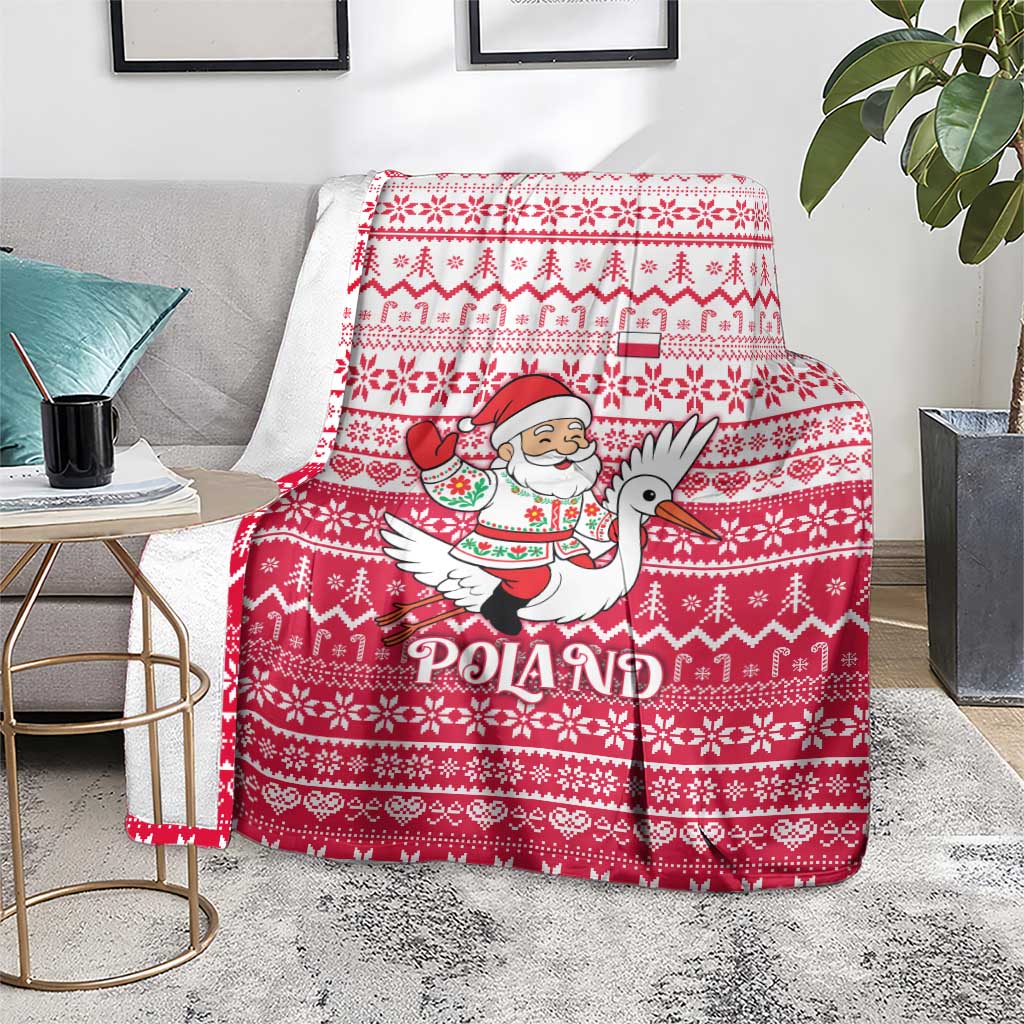 Poland Christmas Blanket with Santa Riding Stork White Eagle Emblem and Red Snowflake Knit Pattern Design - Wonder Print Shop