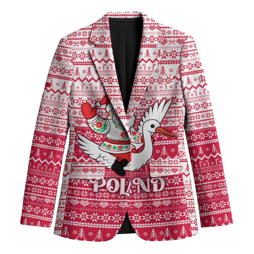 Poland Christmas Blazer with Santa Riding Stork White Eagle Emblem and Red Snowflake Knit Pattern Design - Wonder Print Shop