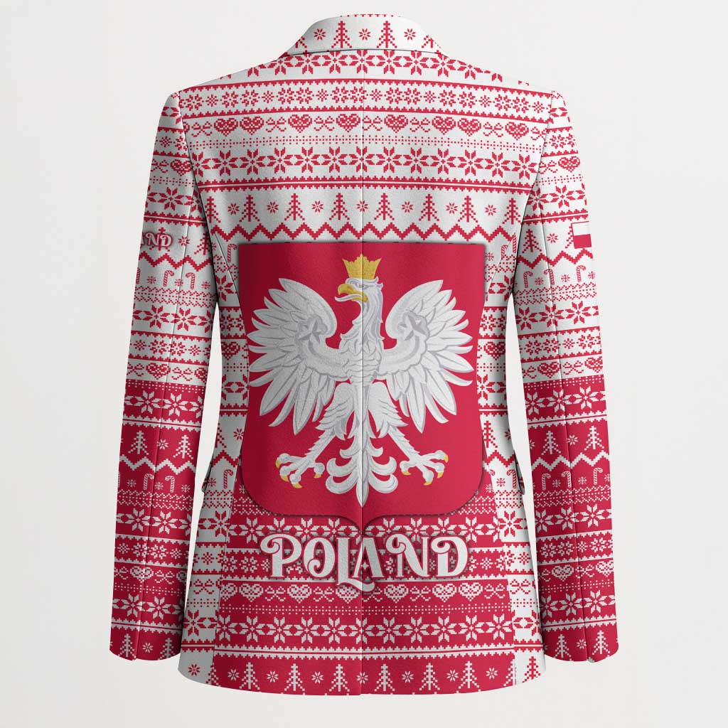 Poland Christmas Blazer with Santa Riding Stork White Eagle Emblem and Red Snowflake Knit Pattern Design - Wonder Print Shop