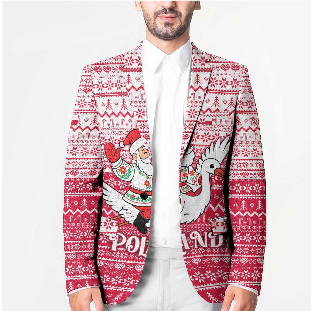 Poland Christmas Blazer with Santa Riding Stork White Eagle Emblem and Red Snowflake Knit Pattern Design - Wonder Print Shop