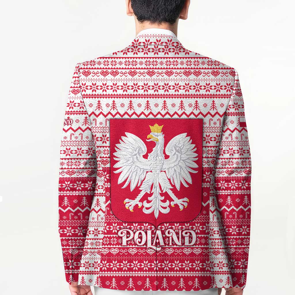 Poland Christmas Blazer with Santa Riding Stork White Eagle Emblem and Red Snowflake Knit Pattern Design - Wonder Print Shop