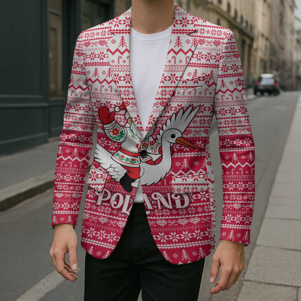 Poland Christmas Blazer with Santa Riding Stork White Eagle Emblem and Red Snowflake Knit Pattern Design - Wonder Print Shop