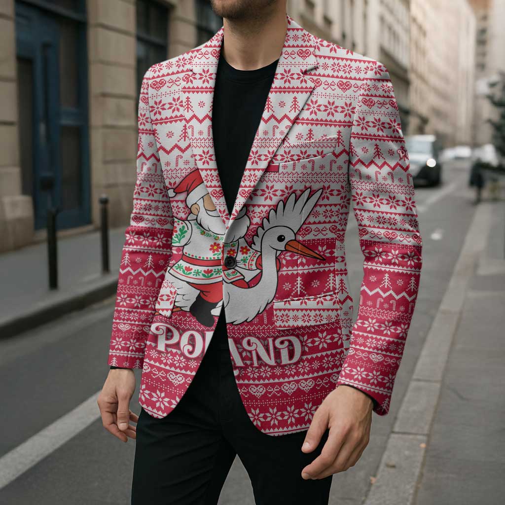 Poland Christmas Blazer with Santa Riding Stork White Eagle Emblem and Red Snowflake Knit Pattern Design - Wonder Print Shop