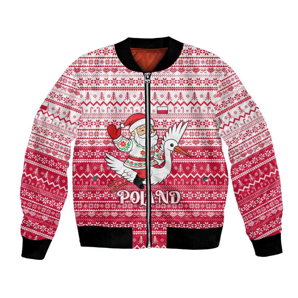 Poland Christmas Bomber Jacket with Santa Riding Stork White Eagle Emblem and Red Snowflake Knit Pattern Design - Wonder Print Shop