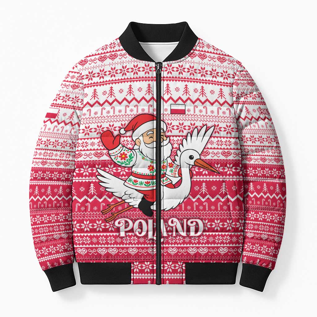 Poland Christmas Bomber Puffer Jacket with Santa Riding Stork White Eagle Emblem and Red Snowflake Knit Pattern Design - Wonder Print Shop