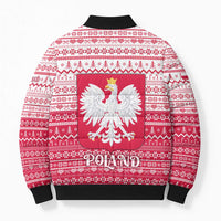 Poland Christmas Bomber Puffer Jacket with Santa Riding Stork White Eagle Emblem and Red Snowflake Knit Pattern Design - Wonder Print Shop