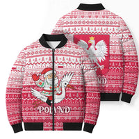 Poland Christmas Bomber Puffer Jacket with Santa Riding Stork White Eagle Emblem and Red Snowflake Knit Pattern Design - Wonder Print Shop