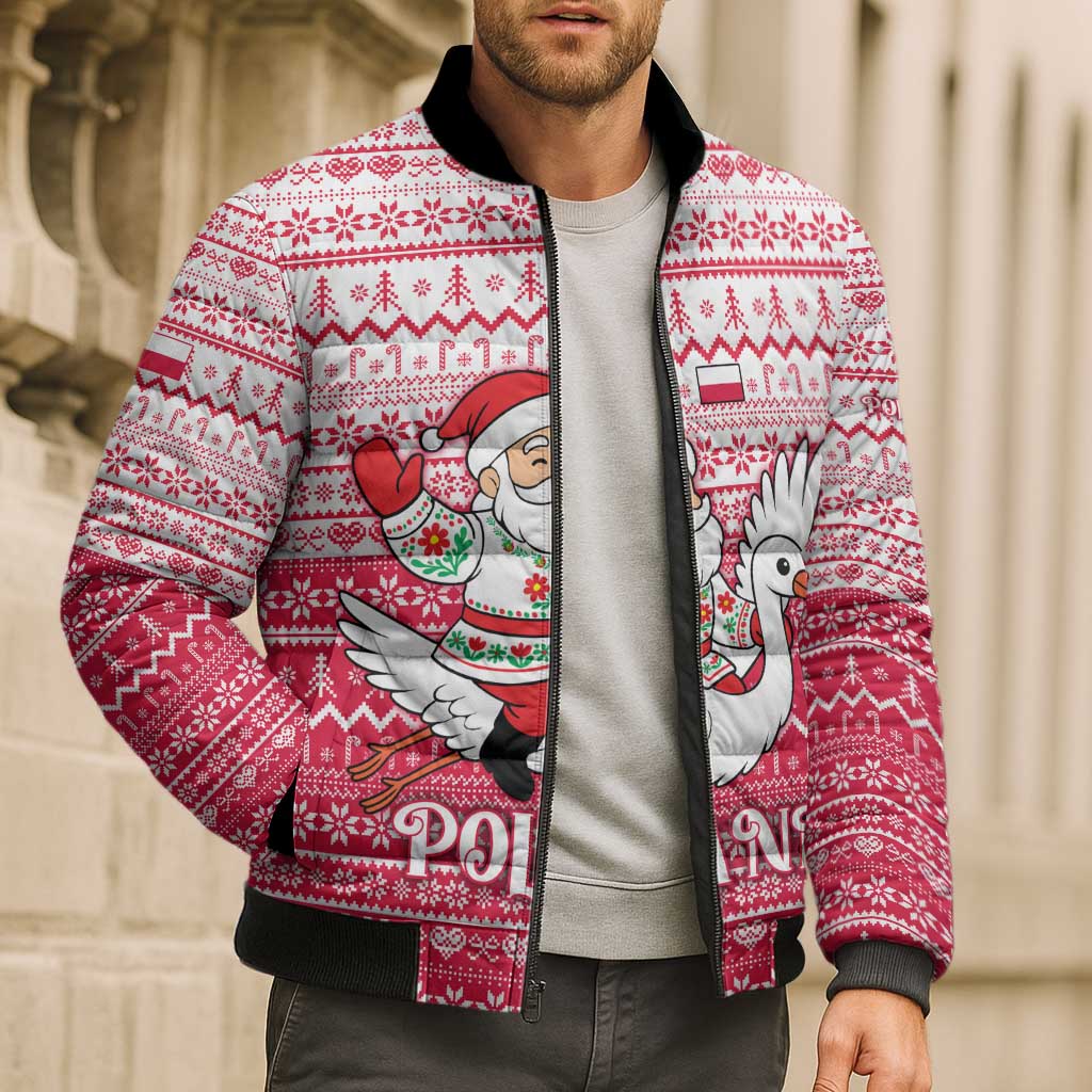 Poland Christmas Bomber Puffer Jacket with Santa Riding Stork White Eagle Emblem and Red Snowflake Knit Pattern Design - Wonder Print Shop