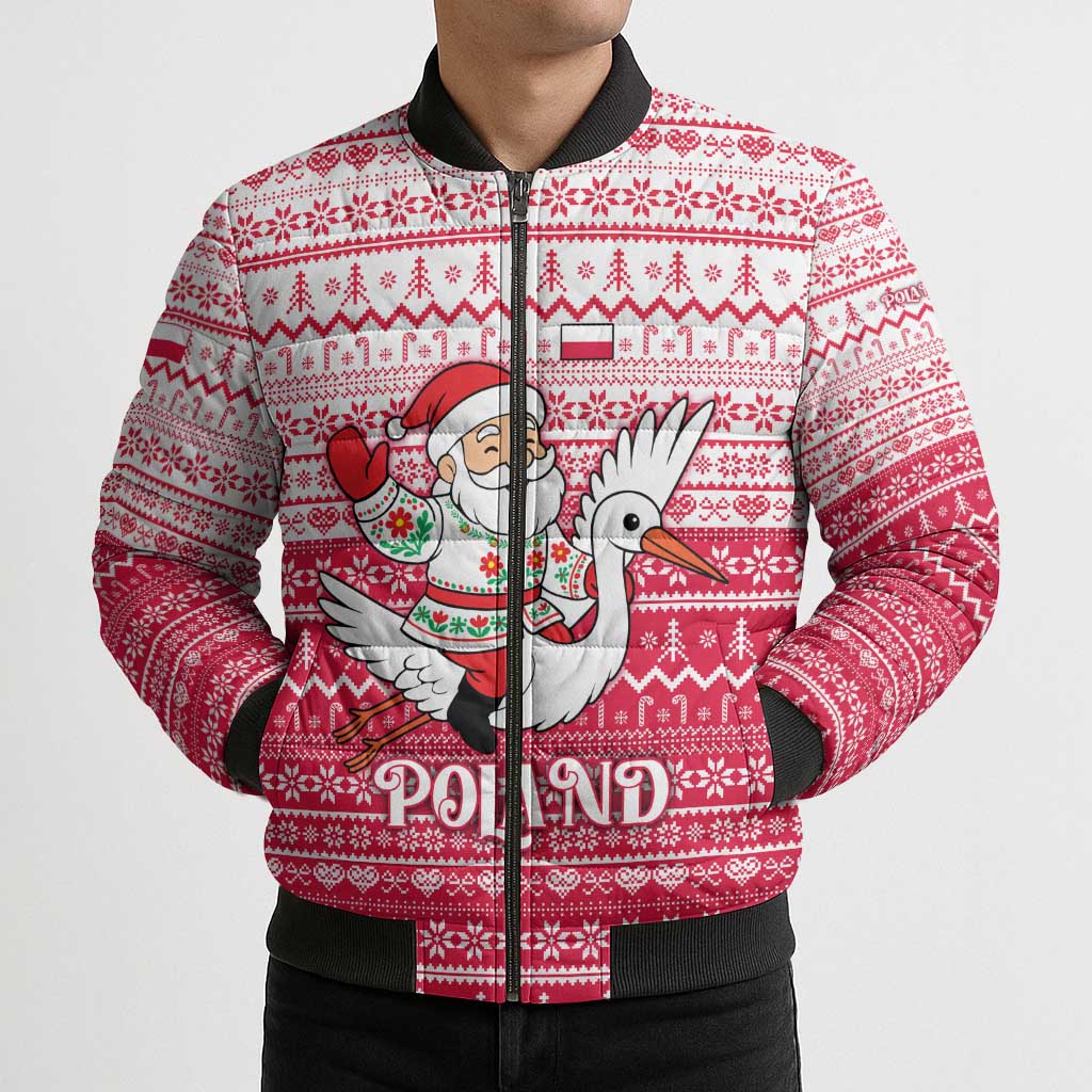 Poland Christmas Bomber Puffer Jacket with Santa Riding Stork White Eagle Emblem and Red Snowflake Knit Pattern Design - Wonder Print Shop