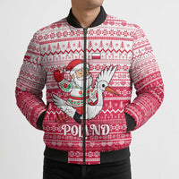 Poland Christmas Bomber Puffer Jacket with Santa Riding Stork White Eagle Emblem and Red Snowflake Knit Pattern Design - Wonder Print Shop