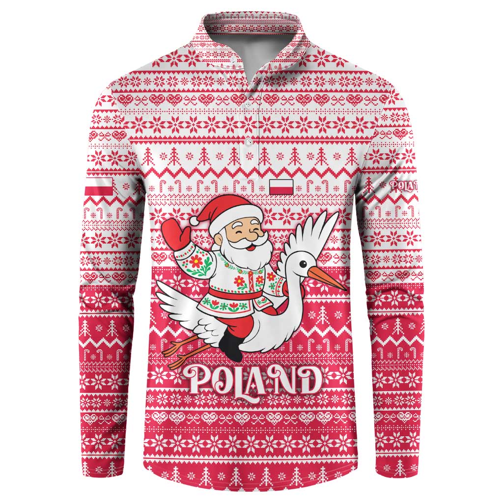 Poland Christmas Button Sweatshirt with Santa Riding Stork White Eagle Emblem and Red Snowflake Knit Pattern Design - Wonder Print Shop