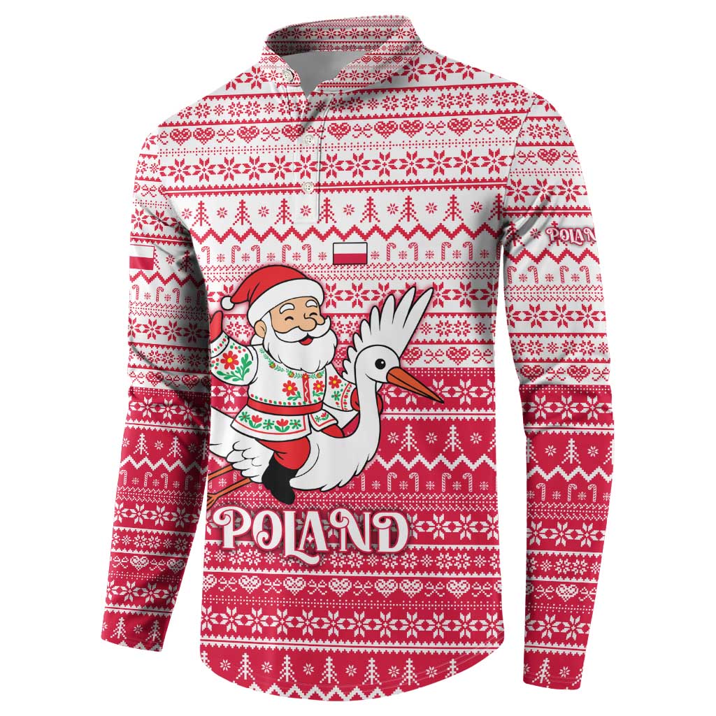 Poland Christmas Button Sweatshirt with Santa Riding Stork White Eagle Emblem and Red Snowflake Knit Pattern Design - Wonder Print Shop