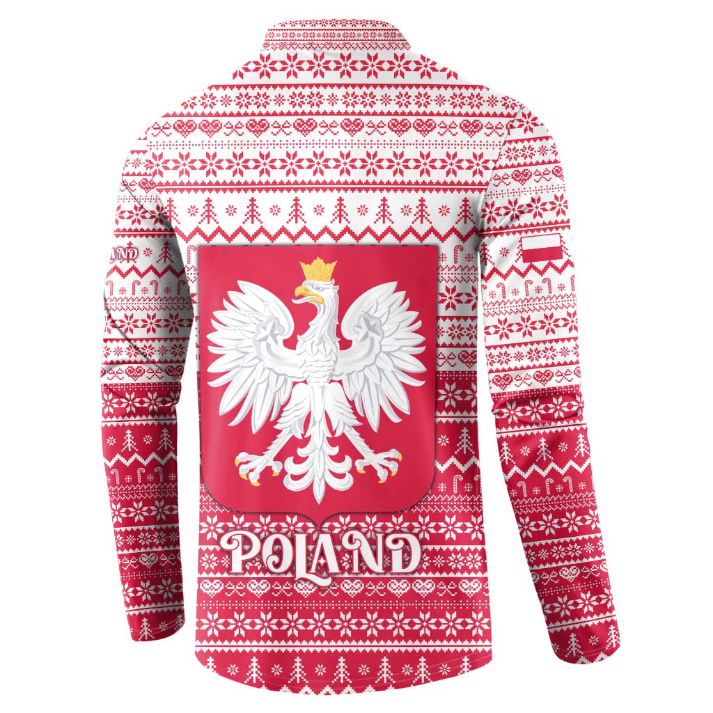 Poland Christmas Button Sweatshirt with Santa Riding Stork White Eagle Emblem and Red Snowflake Knit Pattern Design - Wonder Print Shop