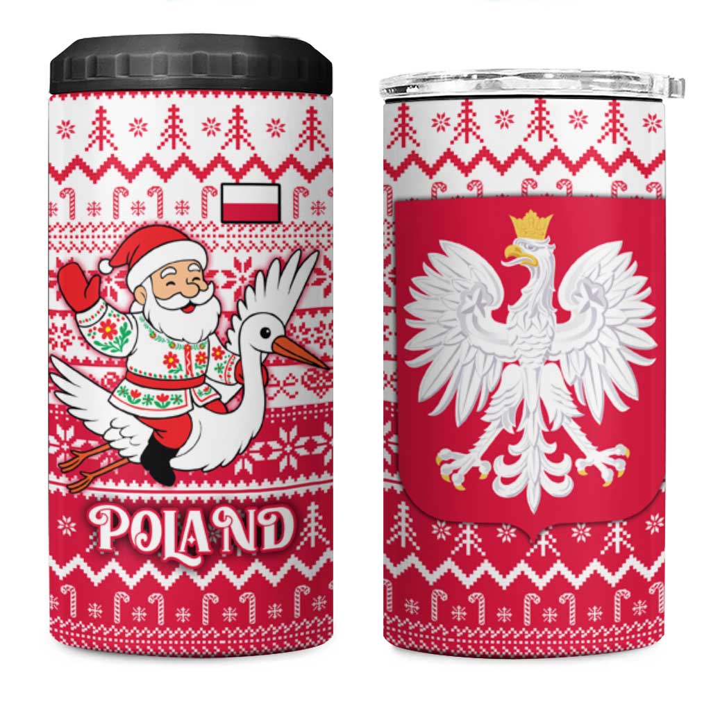 Poland Christmas 4 in 1 Can Cooler Tumbler with Santa Riding Stork White Eagle Emblem and Red Snowflake Knit Pattern Design - Wonder Print Shop