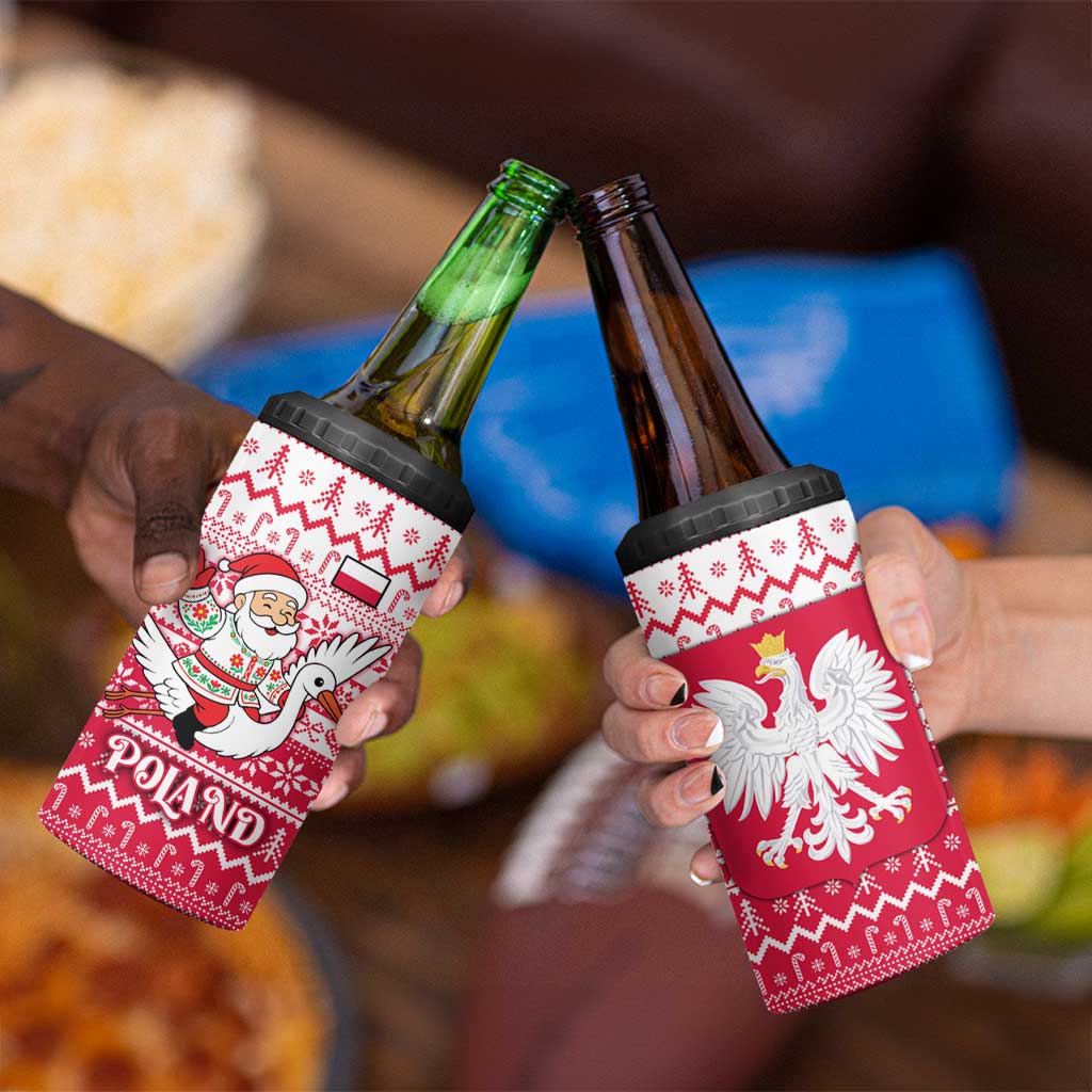 Poland Christmas 4 in 1 Can Cooler Tumbler with Santa Riding Stork White Eagle Emblem and Red Snowflake Knit Pattern Design - Wonder Print Shop