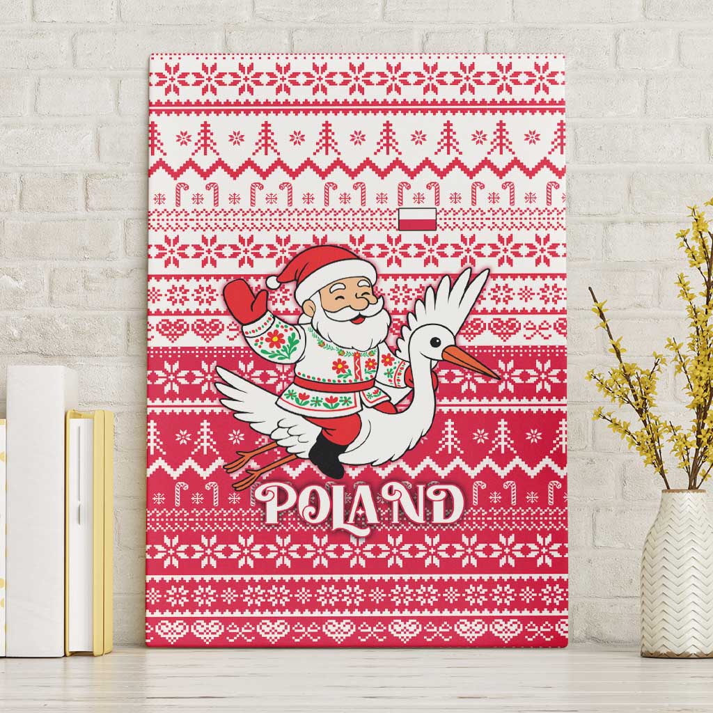 Poland Christmas Canvas Wall Art with Santa Riding Stork White Eagle Emblem and Red Snowflake Knit Pattern Design - Wonder Print Shop