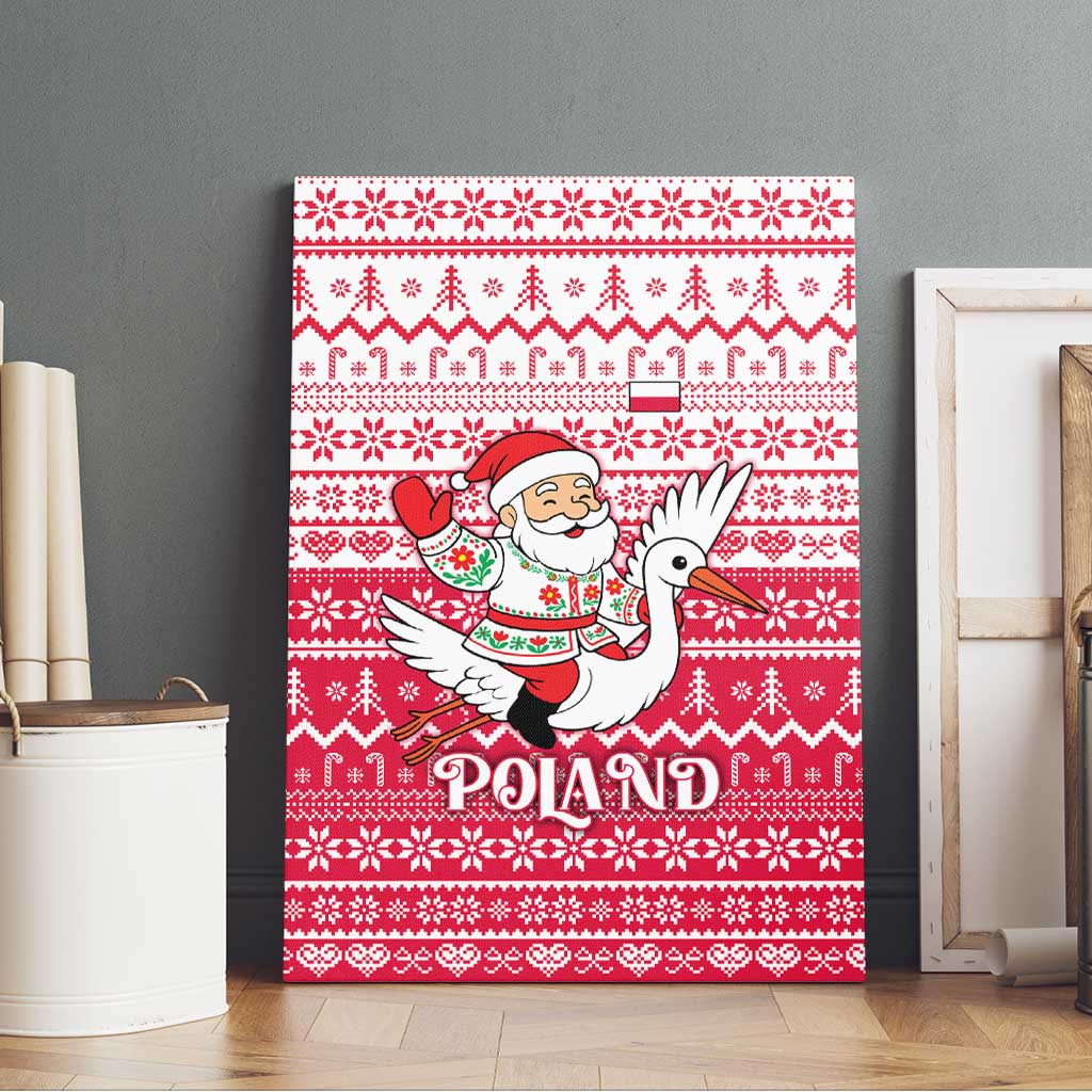 Poland Christmas Canvas Wall Art with Santa Riding Stork White Eagle Emblem and Red Snowflake Knit Pattern Design - Wonder Print Shop