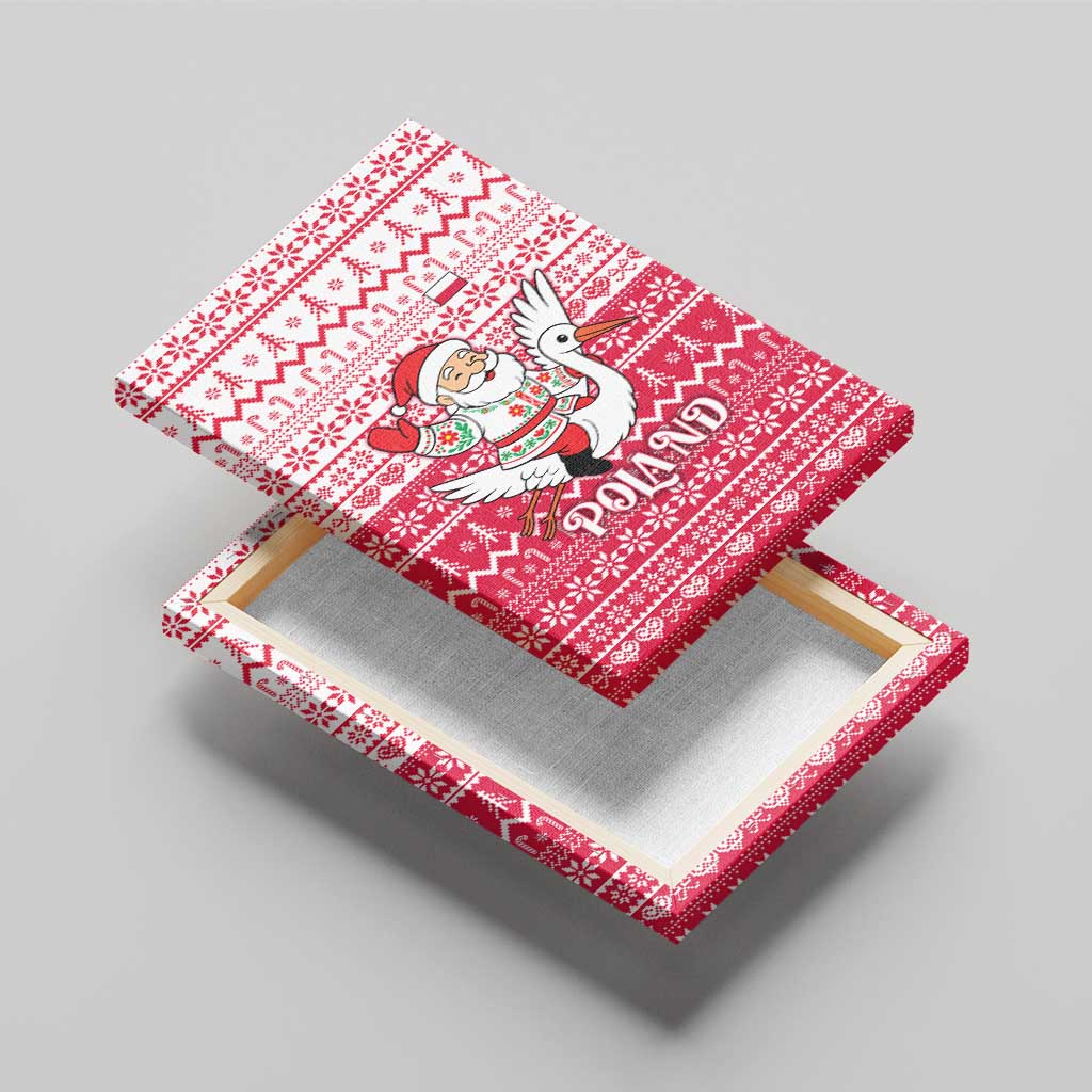 Poland Christmas Canvas Wall Art with Santa Riding Stork White Eagle Emblem and Red Snowflake Knit Pattern Design - Wonder Print Shop