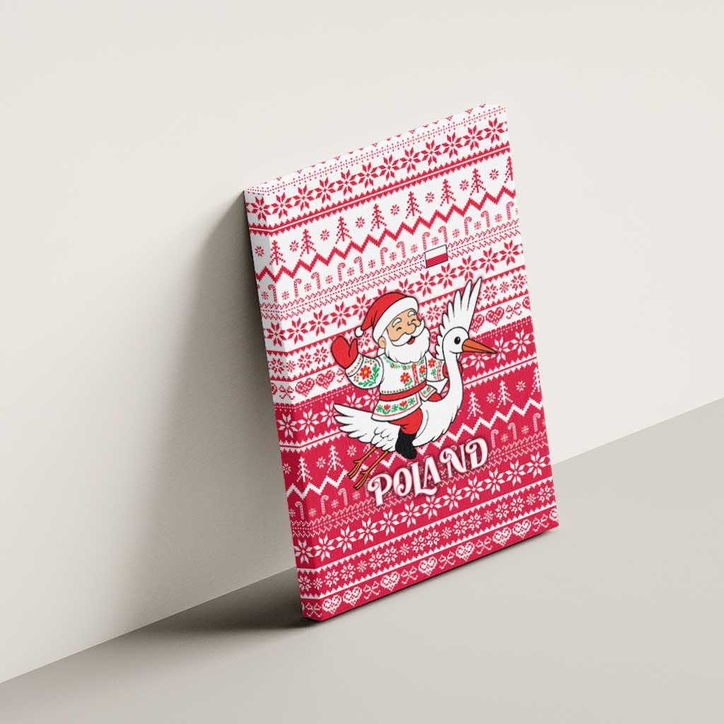 Poland Christmas Canvas Wall Art with Santa Riding Stork White Eagle Emblem and Red Snowflake Knit Pattern Design - Wonder Print Shop