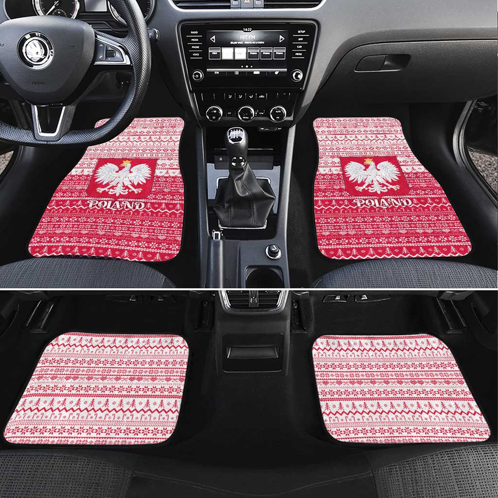 Poland Christmas Car Mats with Santa Riding Stork White Eagle Emblem and Red Snowflake Knit Pattern Design - Wonder Print Shop
